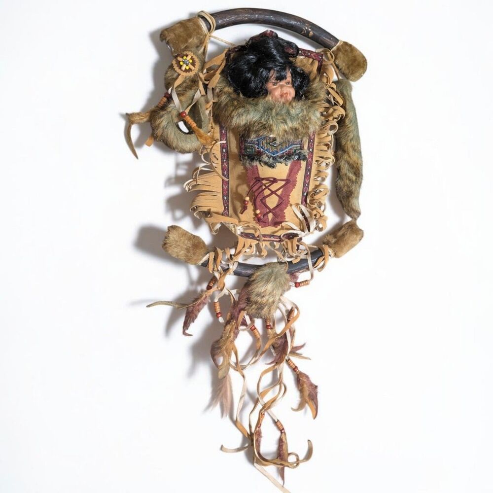 Vintage Indigenous Style Doll Wall Hanging, Faux Fur Leather Beaded Rustic Decor